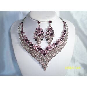 Purple rhinestone necklace set, prom party statement wedding bridal MOB necklace